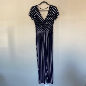 *!!WORN ONCE!!* navy blue striped, short sleeve jumpsuit from EXPRESS.